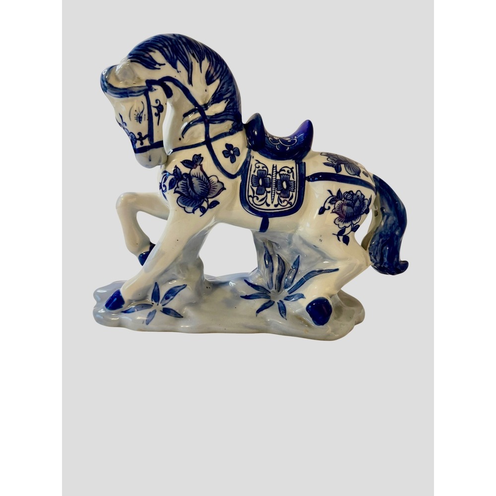Vintage Blue and White Porcelain Show Horse Figurine Chinoiserie Floral